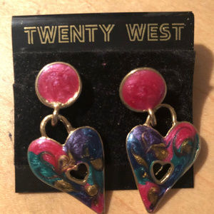 Vintage faux Cloisonne Heart Drop Earrings - NEW